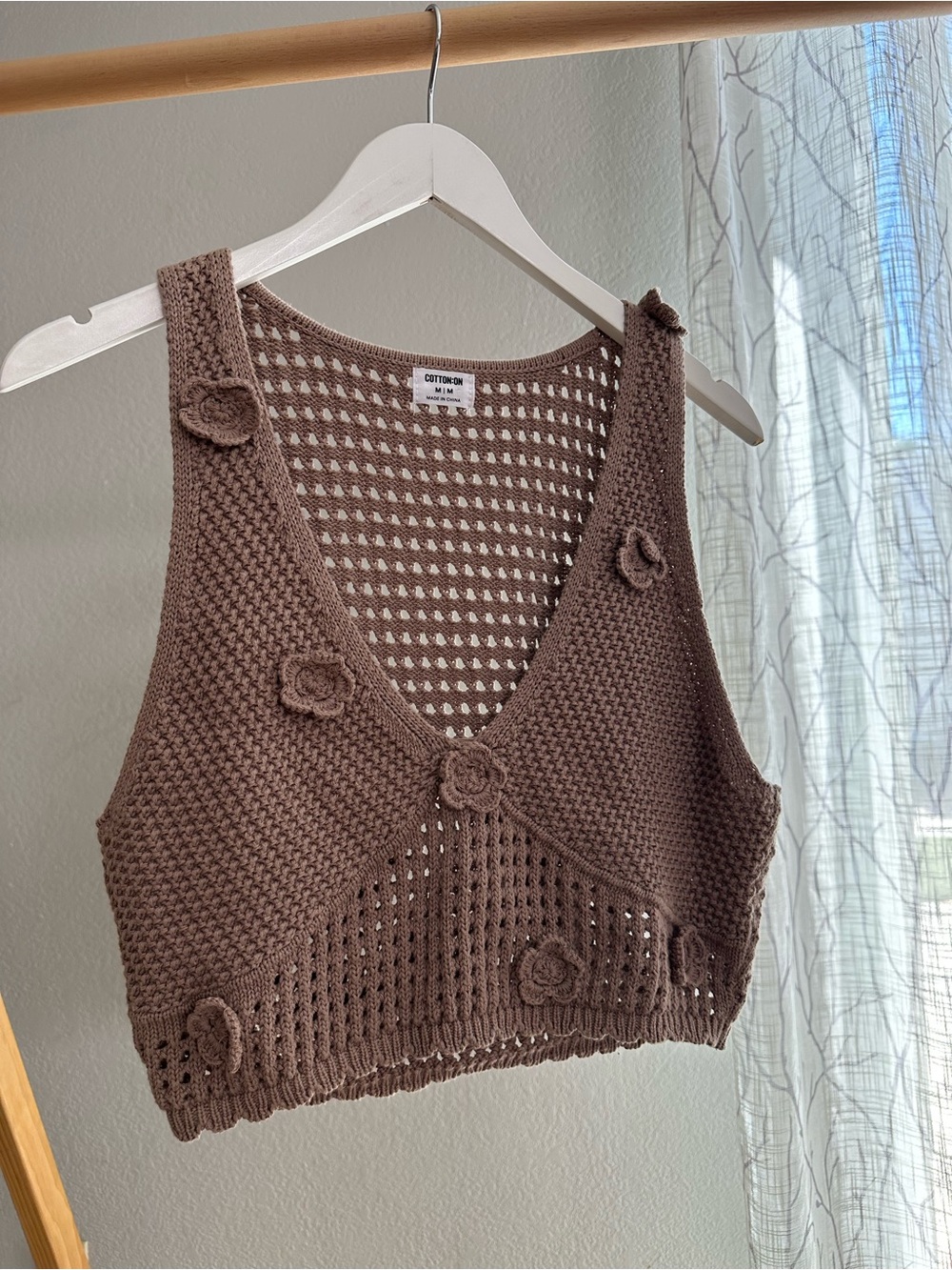 CottonOn Brown Crochet Flower Crop Tank